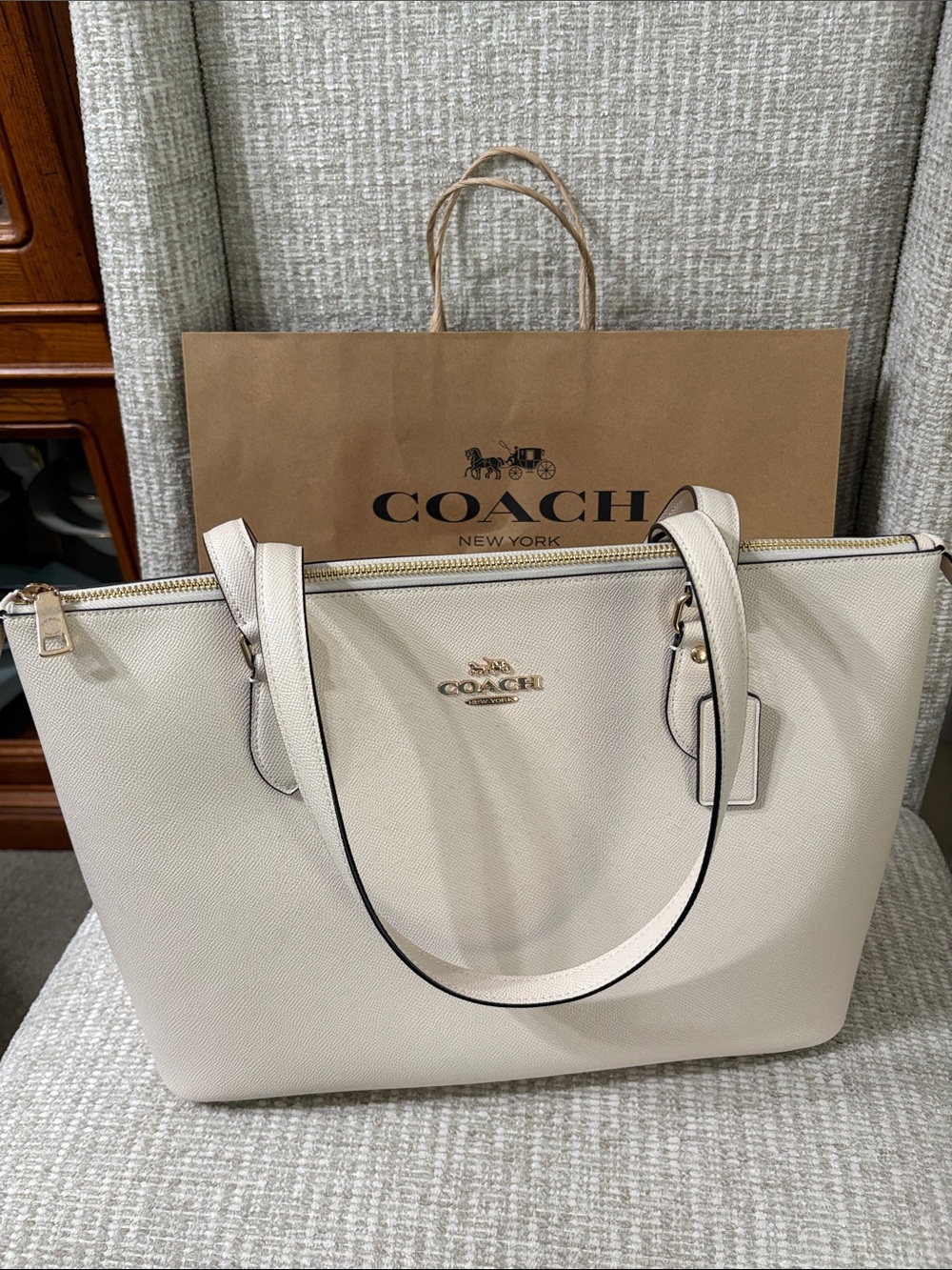 Coach Pebble Leather Gallery Tote in Cream  with Gold Hardware